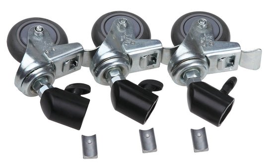 Set of caster wheels and hardware on a white background