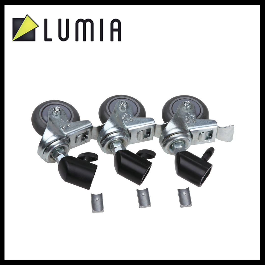 Set of metal wheels and axles with black caps on a white background, branded with 'LUMIA'.