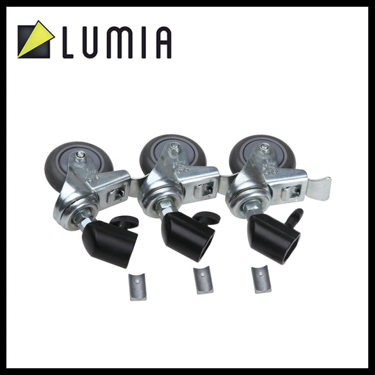 Set of metal wheels and axles with black caps on a white background, branded with 'LUMIA'.