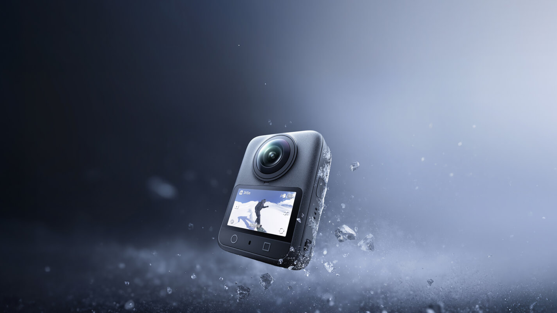 DJI Osmo 360 action camera poster with a blur dramatic background