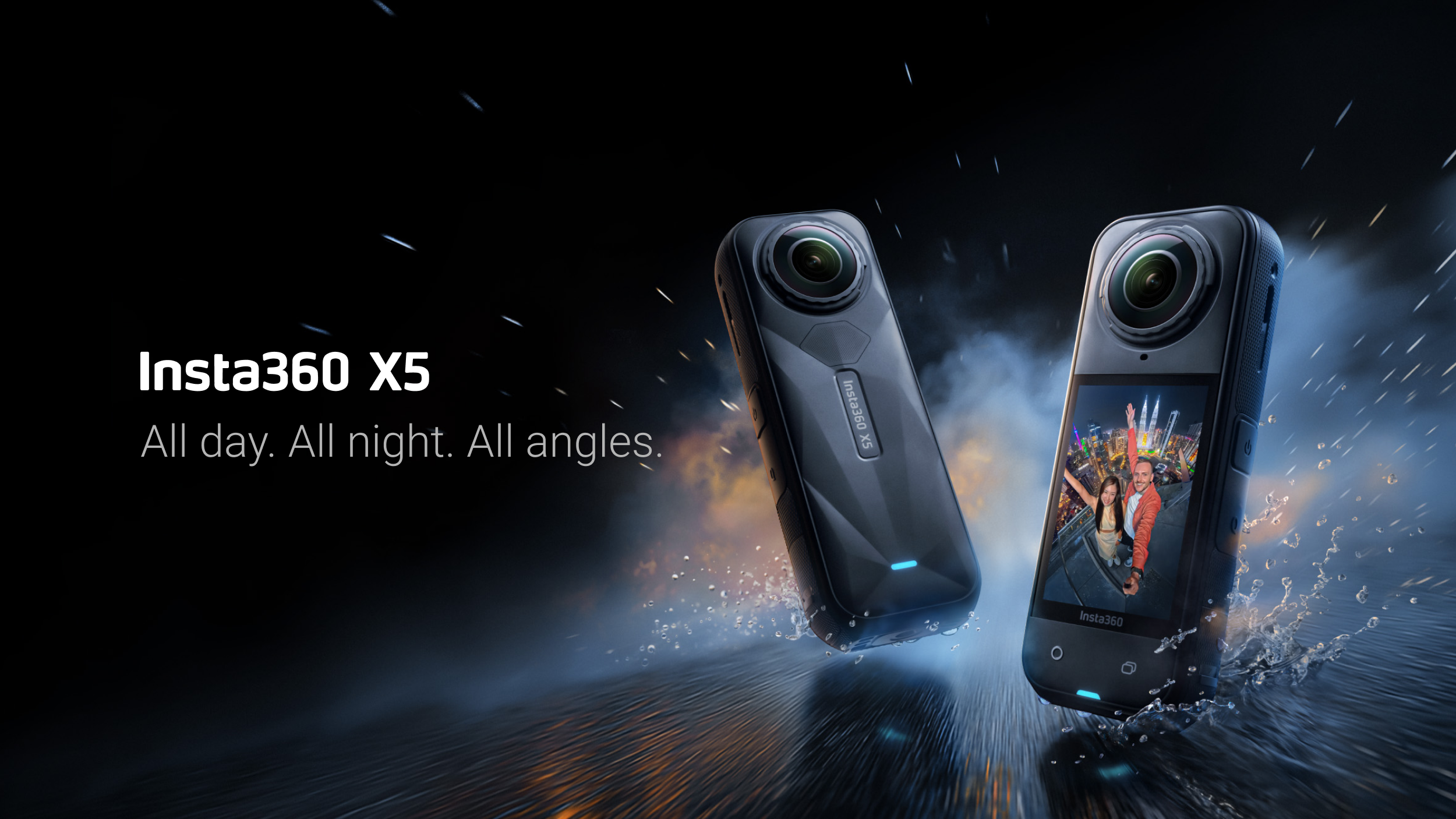 Two black Insta360 X5 cameras are shown on a dark, wet surface with water splashing around them. The camera on the right has its screen displaying a colorful image of people at what appears to be a concert. The text 