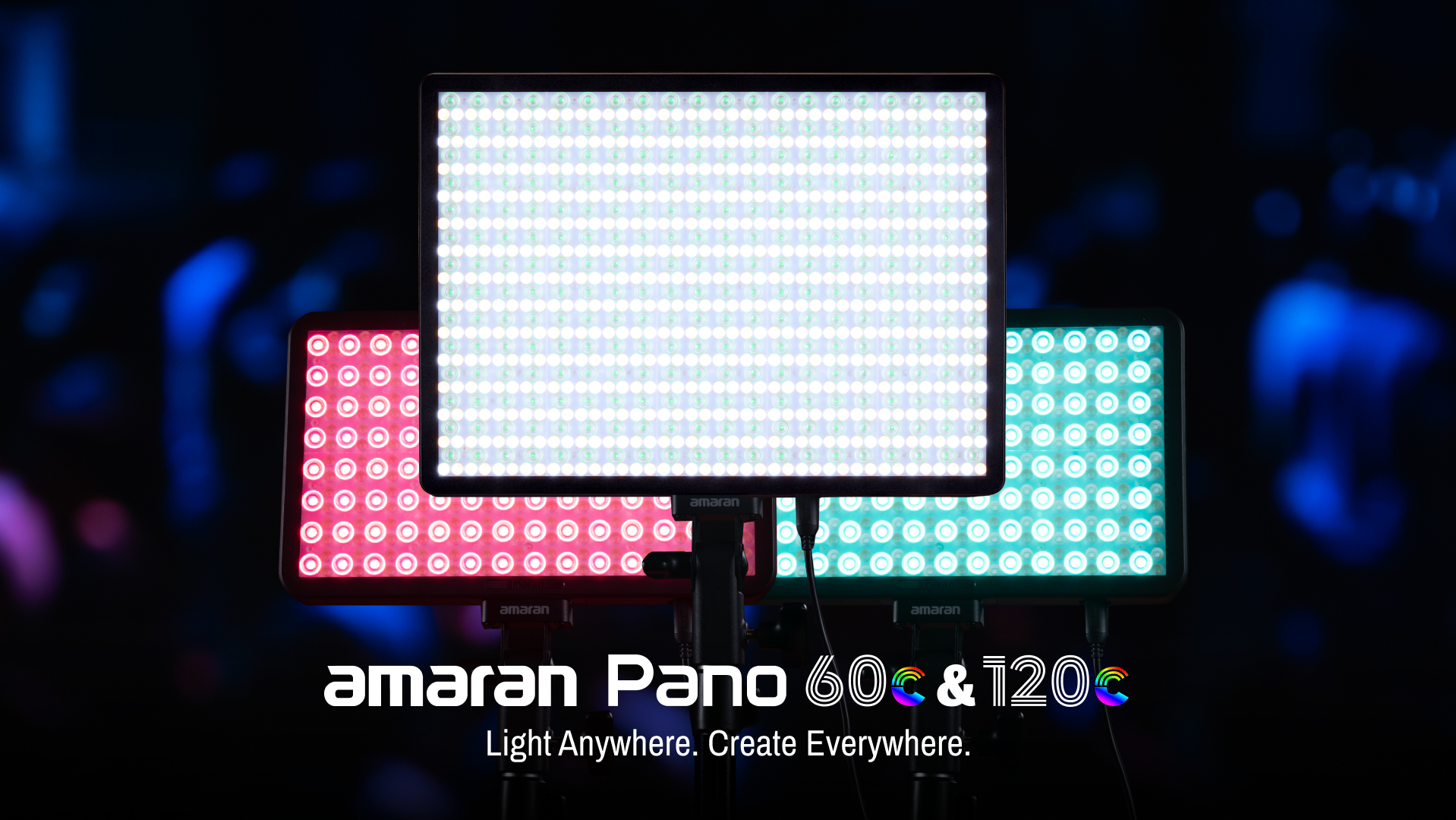 A bright white Amaran Pano LED panel light is prominently displayed in the foreground, with two other Amaran Pano lights, one red and one teal, visible behind it, creating a vibrant, colorful background. The text 