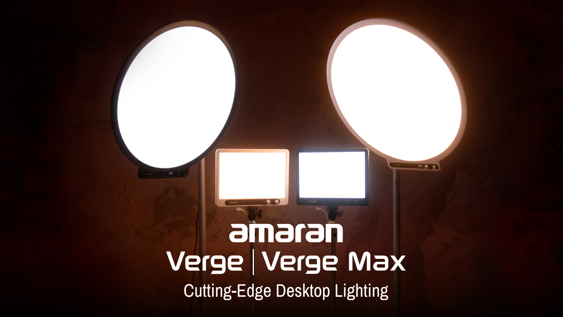 Two Amaran Verge Max round LED lights and two smaller Amaran Verge rectangular LED lights are set up in a dimly lit space, providing bright, soft illumination. The text 