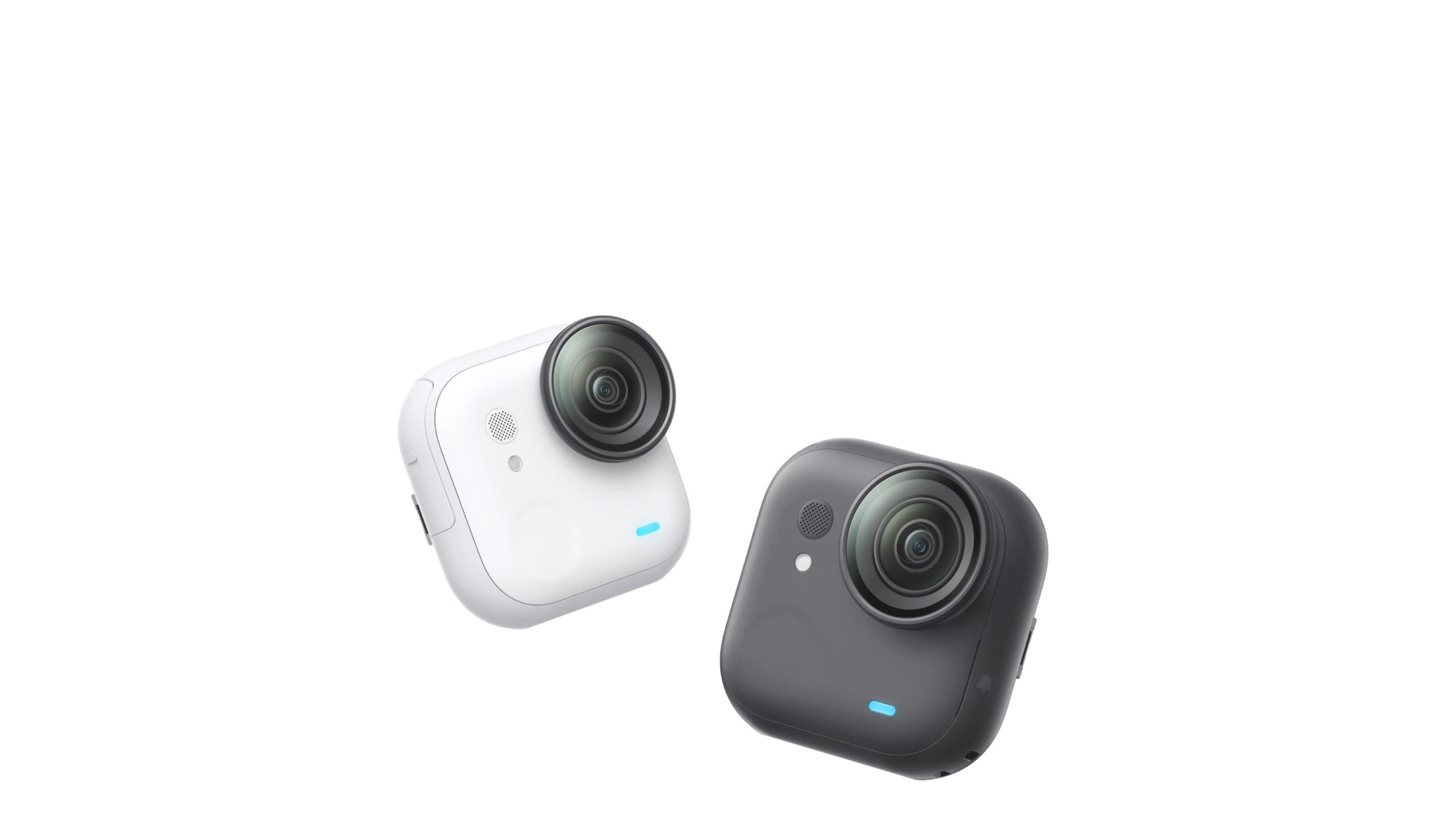 Two black & white Insta360 GO Ultra camera on a white background