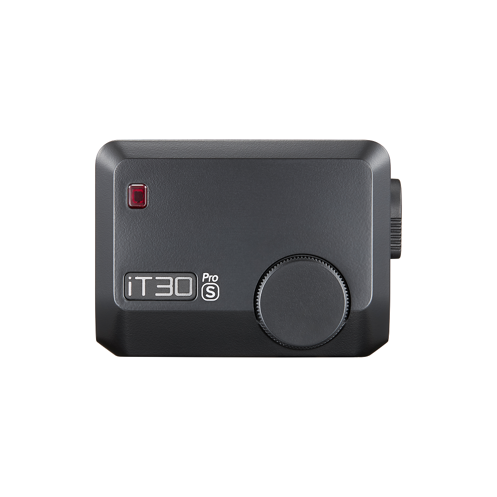 Top view of black Godox iT30Pro TTL Mini Flash on a white background.