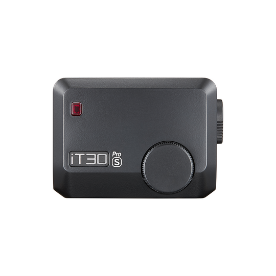 Top view of black Godox iT30Pro TTL Mini Flash on a white background.