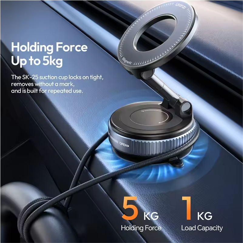 Suction cup mount on a car window with holding force and load capacity information.