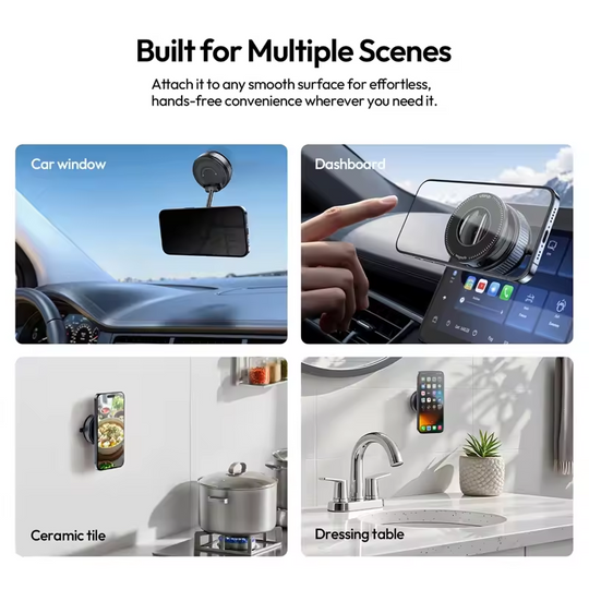 Product being used on car window, dashboard, ceramic tile, and dressing table with text 'Built for Multiple Scenes'.
