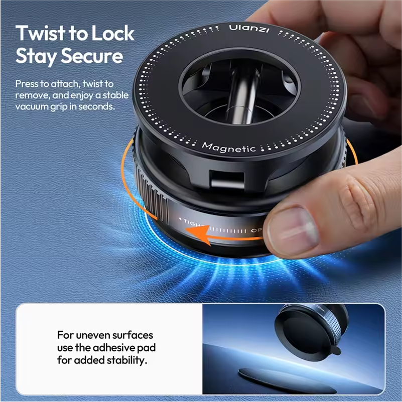 Black magnetic car phone holder with text on a blue background