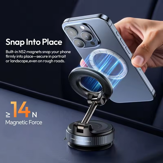 Phone holder with magnetic force feature on a dark background
