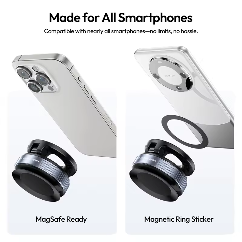 Smartphone accessories including a MagSafe compatible device and a magnetic ring sticker on a white background.