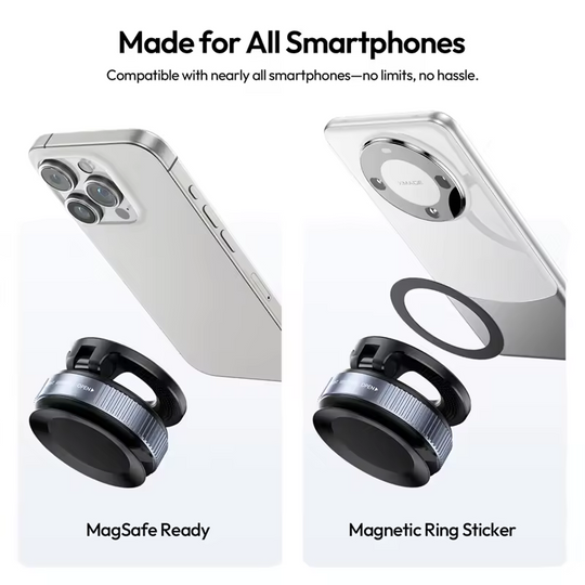 Smartphone accessories including a MagSafe compatible device and a magnetic ring sticker on a white background.