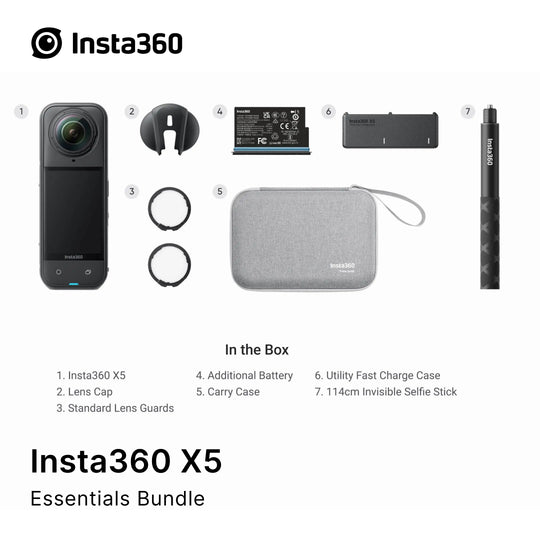 Insta360 X5 Essentials Bundle with camera, accessories, and case on a white background