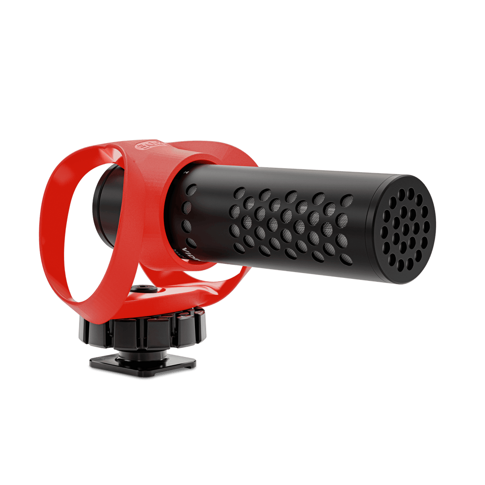 Red and black microphone with a black background