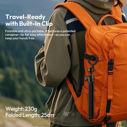 Orange backpack with built-in clip worn by a person, with text highlighting features and specifications.