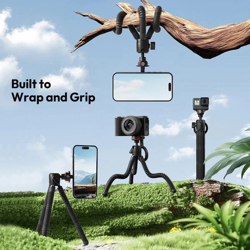 Camera and phone holders with 'Built to Wrap and Grip' text against a scenic background.