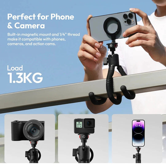 Person holding a phone with a magnetic mount against a blue sky, with text about compatibility with phones, cameras, and action cams.