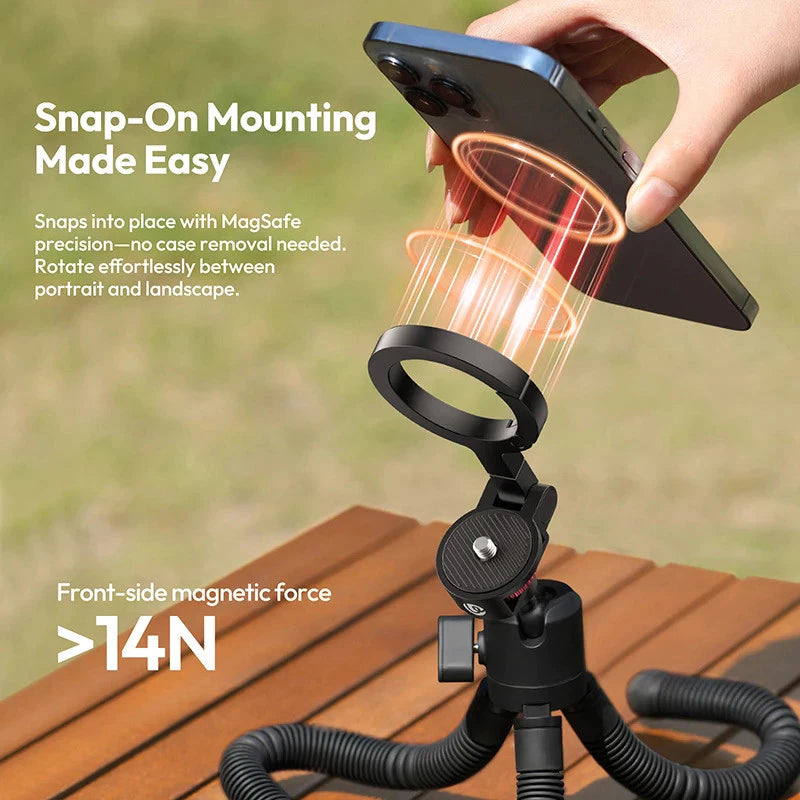 Smartphone with magnetic mount on a tripod, held by a hand, with text about snap-on mounting.