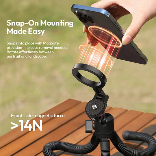 Smartphone with magnetic mount on a tripod, held by a hand, with text about snap-on mounting.