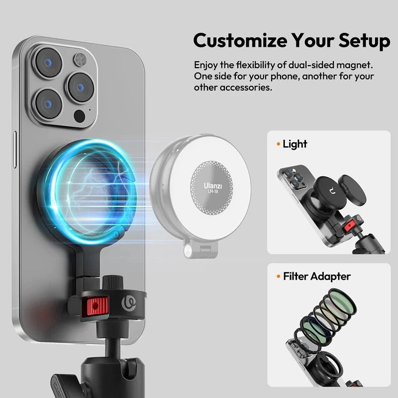 Phone accessory with dual-sided magnet feature, light, and filter adapter on a gray background.