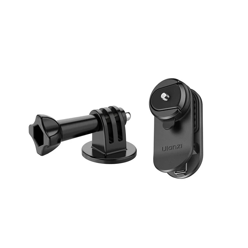Two black camera mounts on a white background