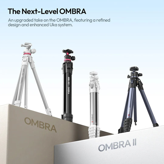 Collection of OMBRA and OMBRA II tripods with branding and product description text.
