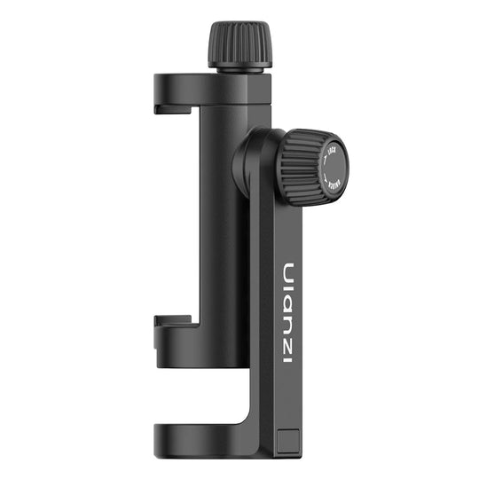 Black phone holder with adjustable straps on a white background