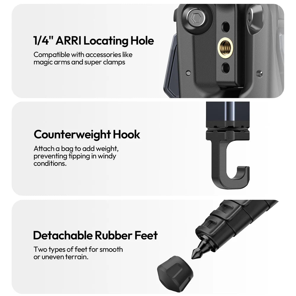 Ulanzi OMBRA II Travel Tripod T156 with features highlighted on a white background