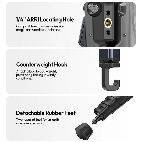 Ulanzi OMBRA II Travel Tripod T156 with features highlighted on a white background