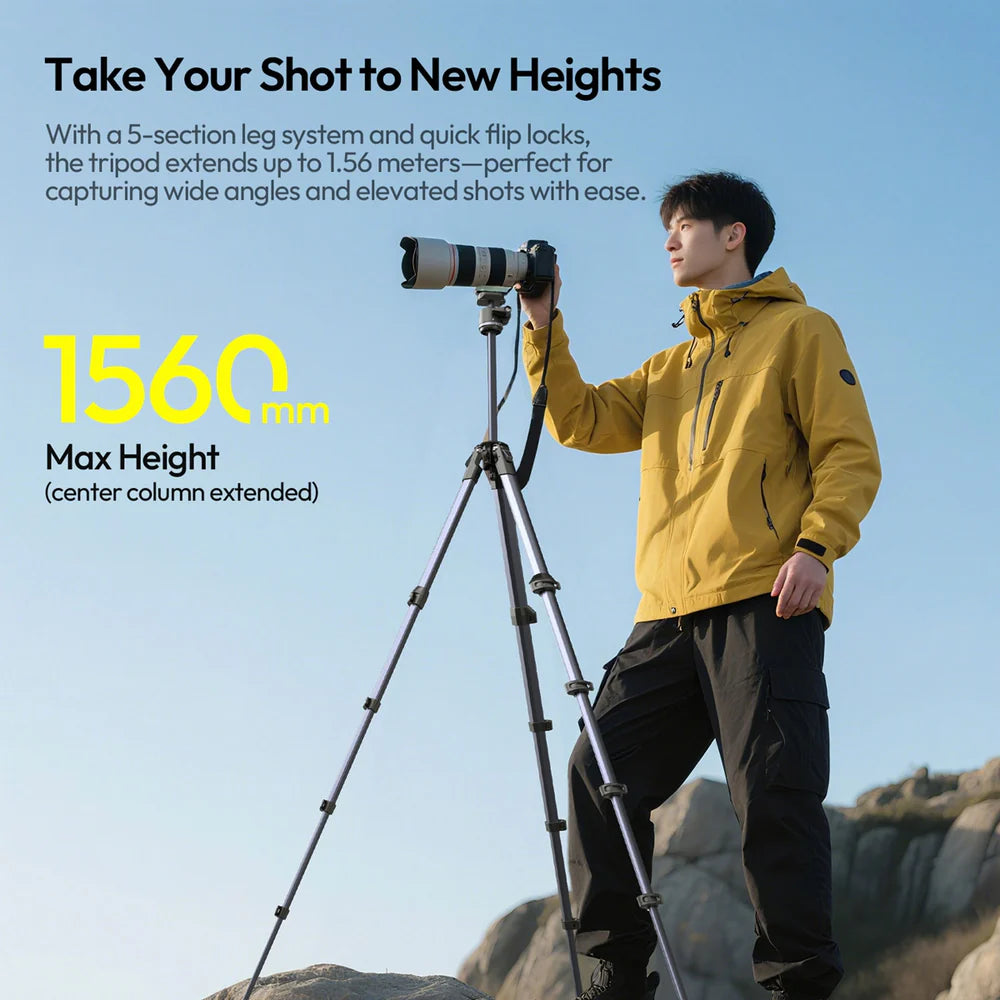 Person in yellow jacket using a camera on a tripod with text about tripod specifications.