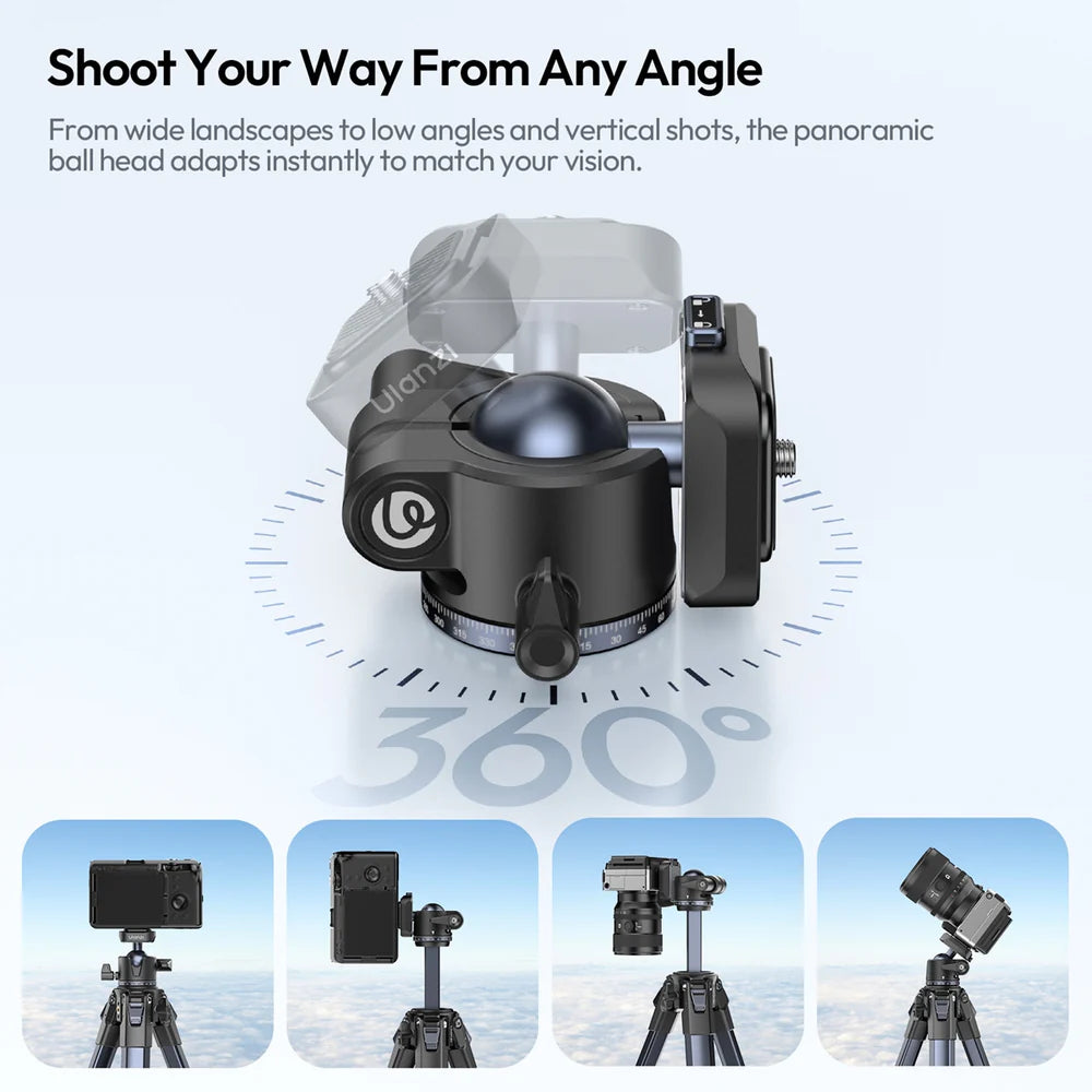Camera ball head with 360-degree rotation on a white background