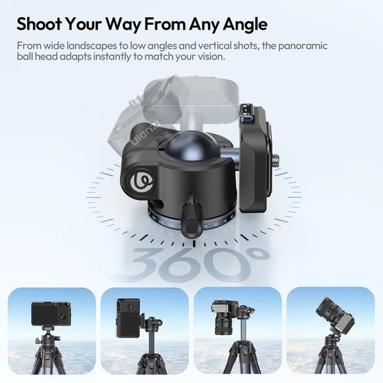 Camera ball head with 360-degree rotation on a white background