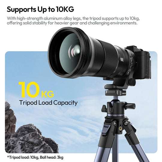 Camera with a large lens on a tripod against a scenic background, highlighting its load capacity.