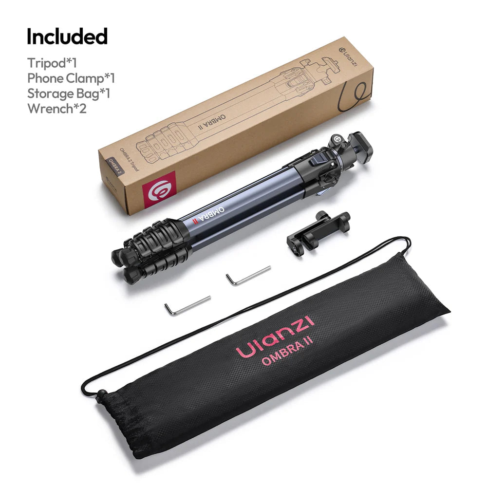 Ulanzi OMBRA II photography tripod with packaging, phone clamp, storage bag, and wrench on a white background.