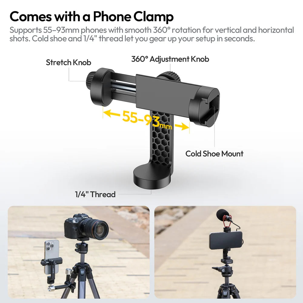 Phone clamp with features highlighted on a white background