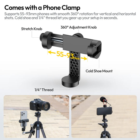 Phone clamp with features highlighted on a white background
