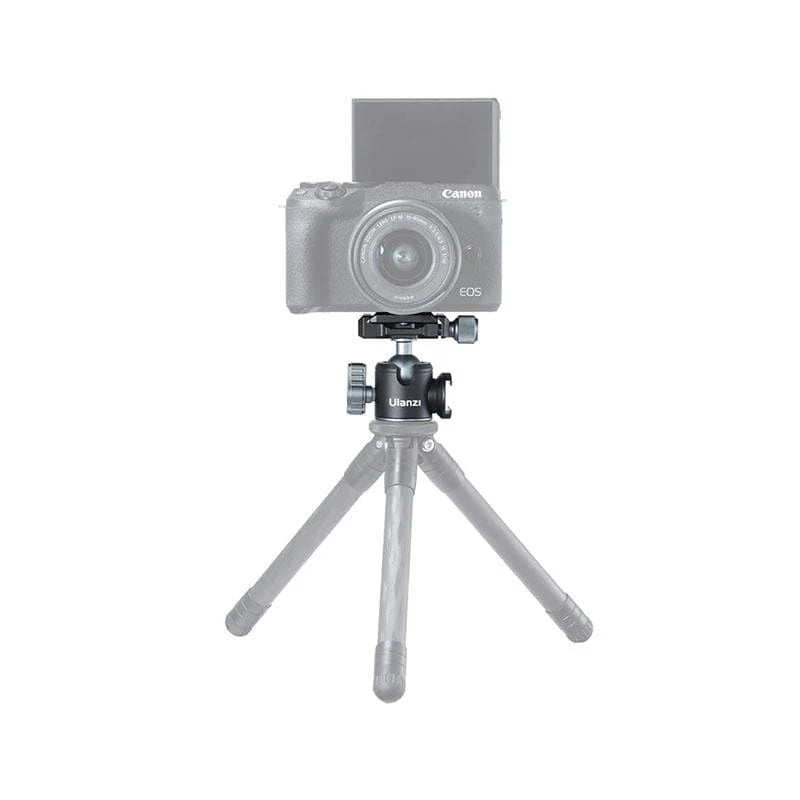 Canon camera on a small tripod with a white background