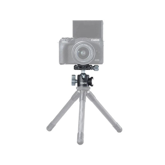 Canon camera on a small tripod with a white background