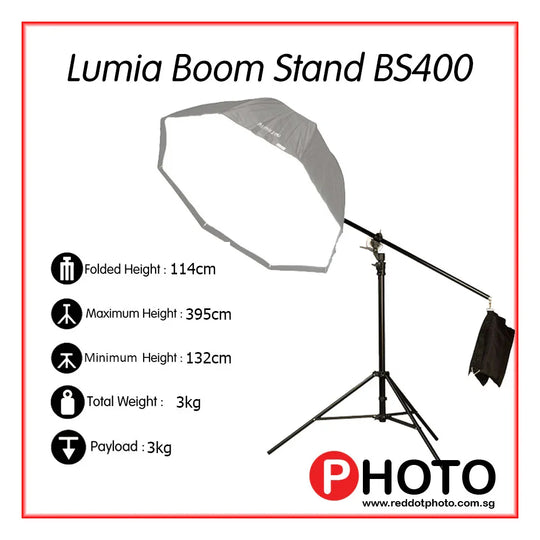 Lumia Boom Stand Heavy Duty Light Stand with Integrated Boom Arm with Sand Bag Photography Accessories BS400 BS500 - Red Dot Photo